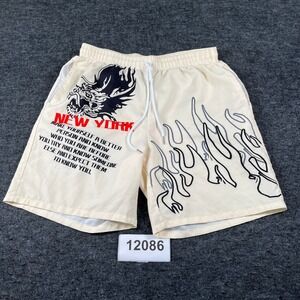 ROMWE Shorts Mens Medium Beige Dragon Flame Graphic Print Drawstring Waist